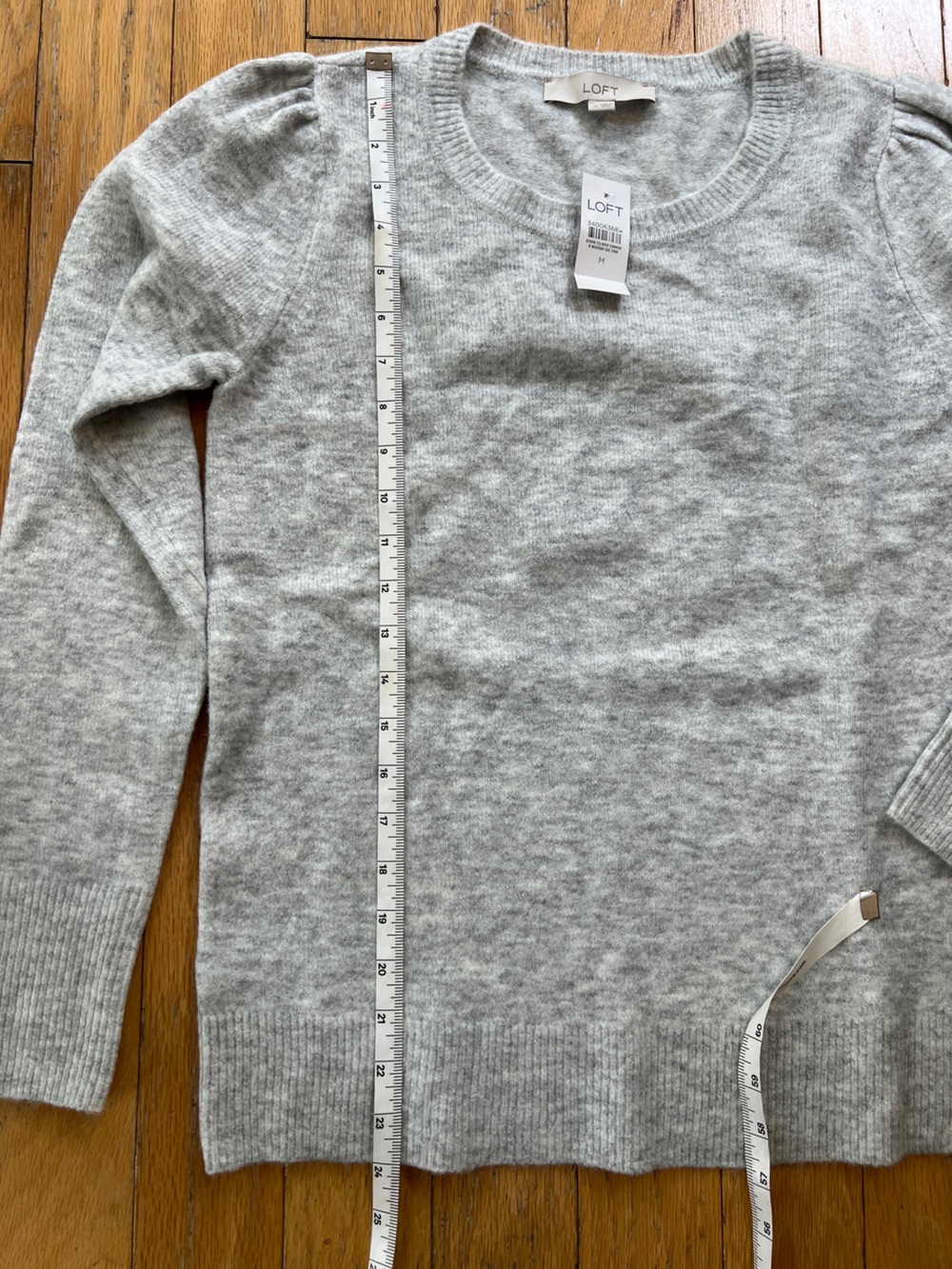 LOFT Light Gray Puff-Sleeve Knit Sweater - Picture 4 of 6